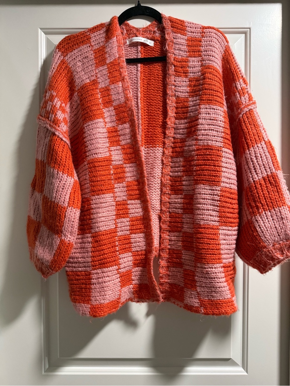 Altar'd State Pink and Orange Checkerboard Open Knit Cardigan